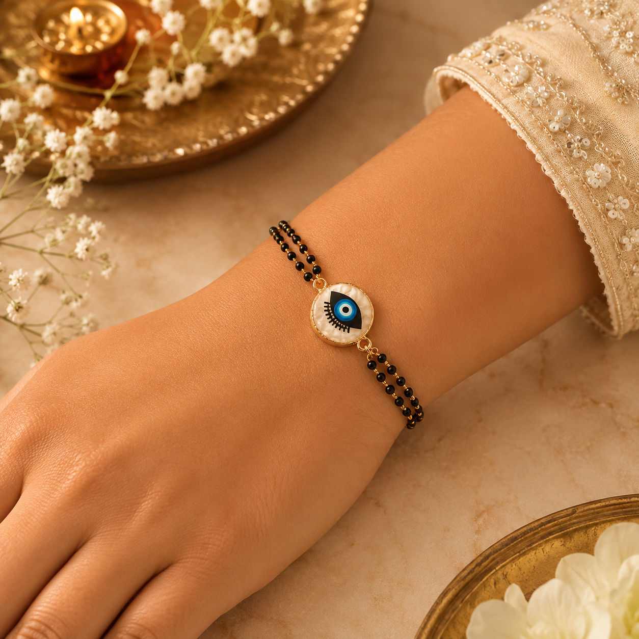 Evil Eye Designer Rakhi Collection Set of 3 with Premium Adjustable Thread with Roli Chawal