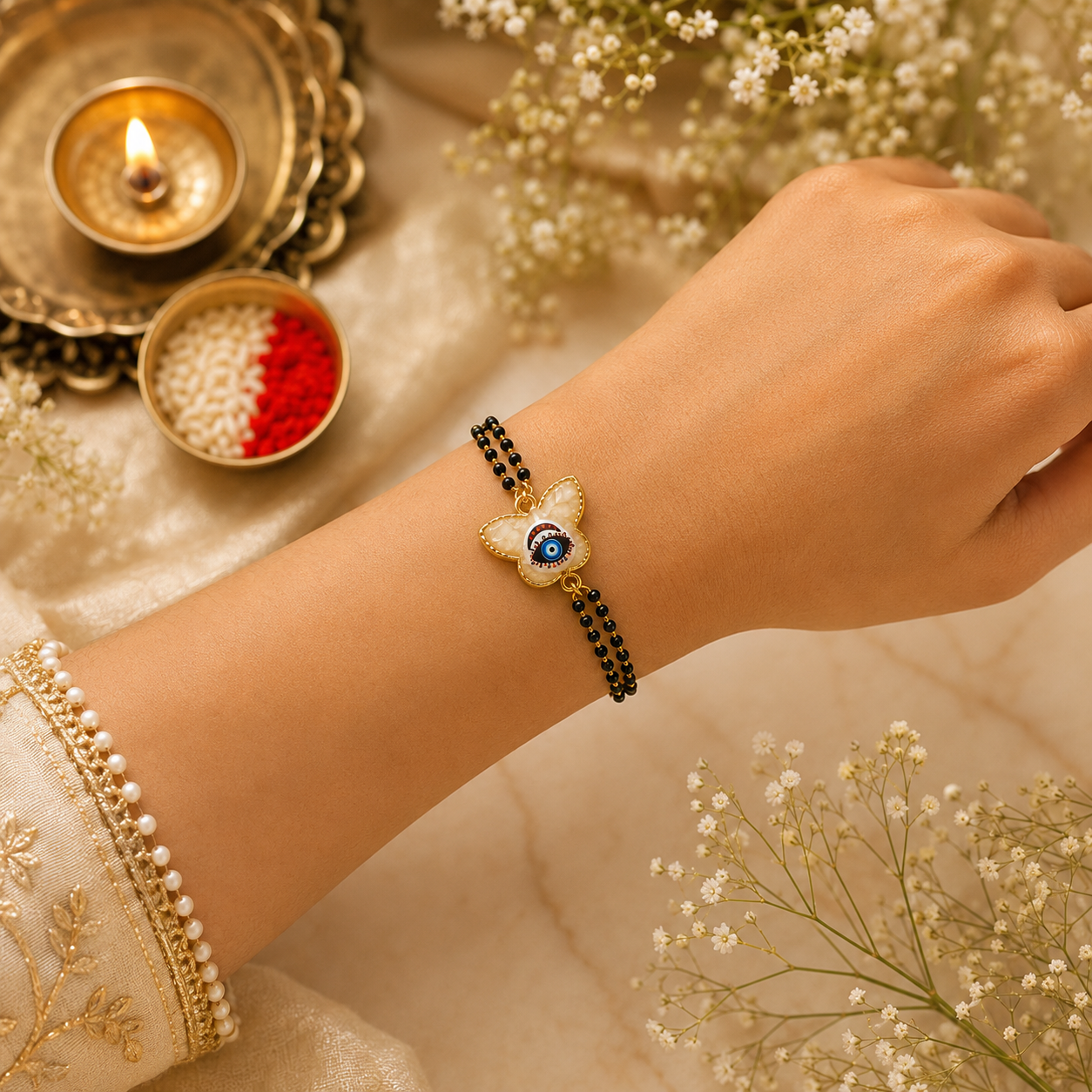 Evil Eye Designer Rakhi Collection Set of 3 with Premium Adjustable Thread with Roli Chawal