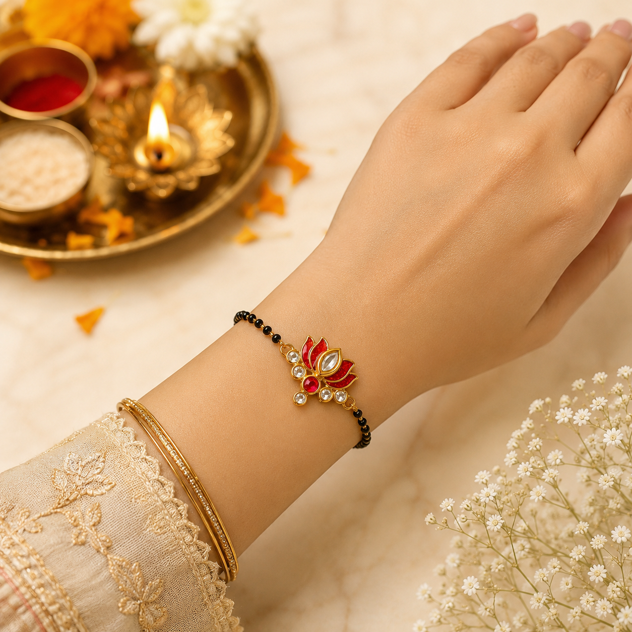 Kundan Kamal Bracelet Lumba Rakhi for Bhabhi Pack of 2 with Premium Adjustable Thread with Roli Chawal