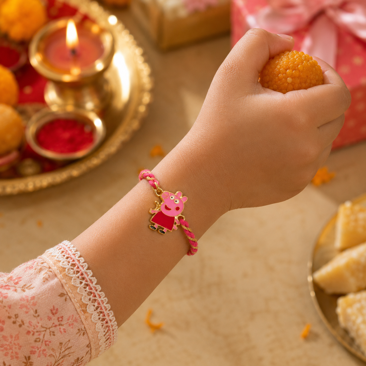 Kids Cartoon Rakhi Pack of 4 with Roli Chawal (Mickey, Spiderman, Doraemon & Peppa Pig)
