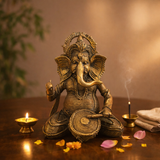 Ganesha Playing Drum (Musician Ganpati) Brass Antique Finish Statue for Home Décor, Pooja & Vastu | 5.5 Inch