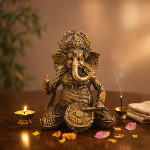 Ganesha Playing Drum (Musician Ganpati) Brass Antique Finish Statue for Home Décor, Pooja & Vastu | 5.5 Inch