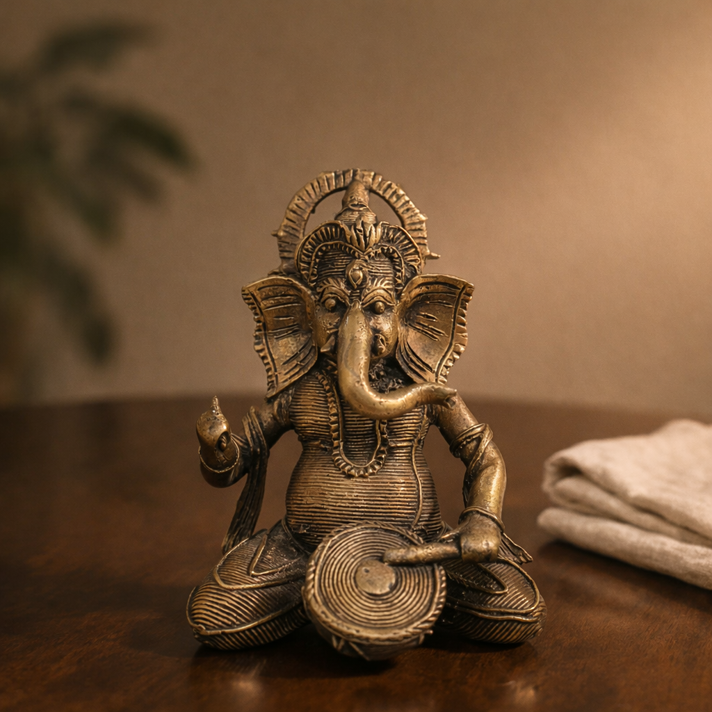 Ganesha Playing Drum (Musician Ganpati) Brass Antique Finish Statue for Home Décor, Pooja & Vastu | 5.5 Inch