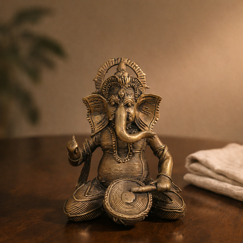Ganesha Playing Drum (Musician Ganpati) Brass Antique Finish Statue for Home Décor, Pooja & Vastu | 5.5 Inch