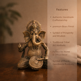 Ganesha Playing Drum (Musician Ganpati) Brass Antique Finish Statue for Home Décor, Pooja & Vastu | 5.5 Inch