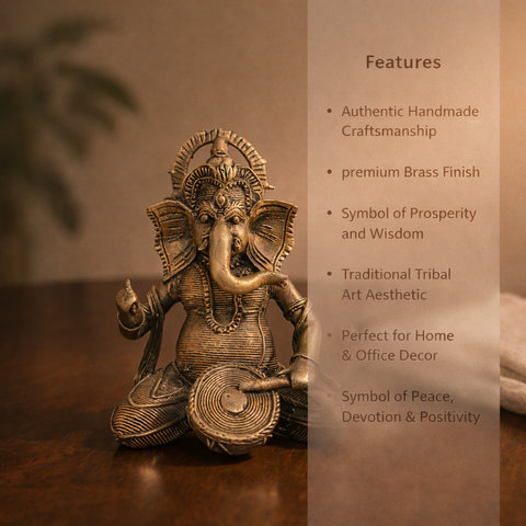 Ganesha Playing Drum (Musician Ganpati) Brass Antique Finish Statue for Home Décor, Pooja & Vastu | 5.5 Inch