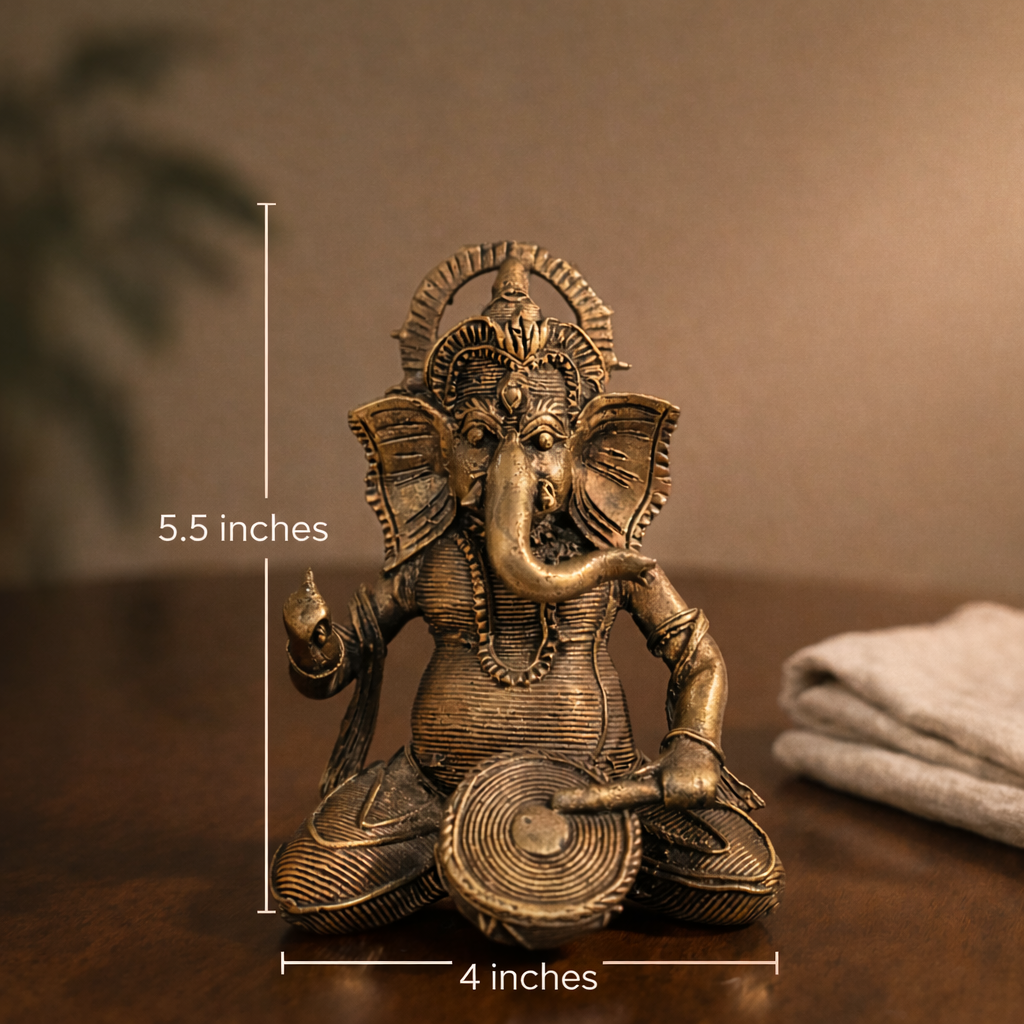 Ganesha Playing Drum (Musician Ganpati) Brass Antique Finish Statue for Home Décor, Pooja & Vastu | 5.5 Inch
