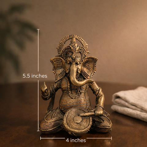 Ganesha Playing Drum (Musician Ganpati) Brass Antique Finish Statue for Home Décor, Pooja & Vastu | 5.5 Inch
