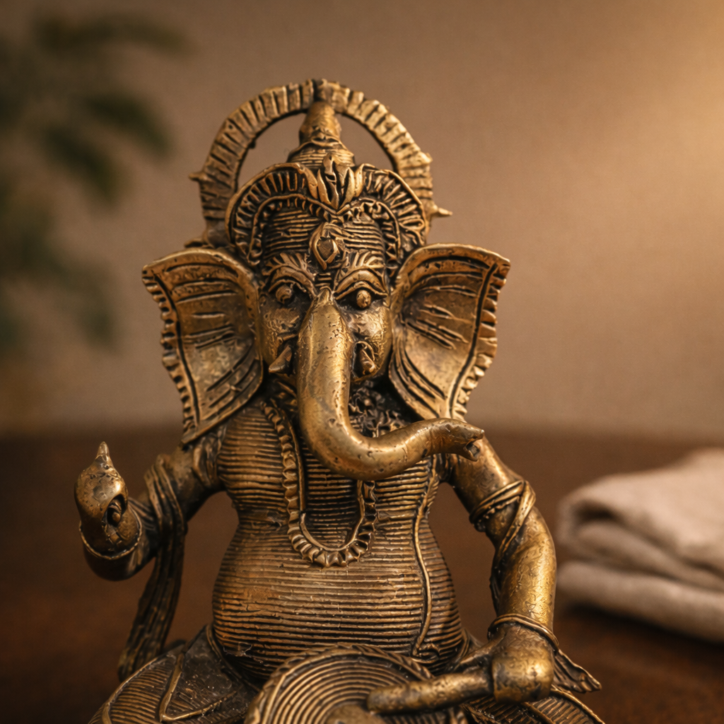 Ganesha Playing Drum (Musician Ganpati) Brass Antique Finish Statue for Home Décor, Pooja & Vastu | 5.5 Inch