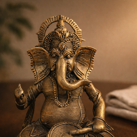 Ganesha Playing Drum (Musician Ganpati) Brass Antique Finish Statue for Home Décor, Pooja & Vastu | 5.5 Inch
