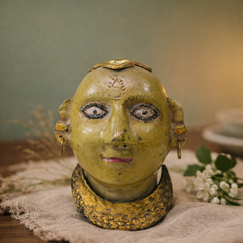 Gauri Mukha (Devi Face) Tribal Sculpture in Brass Antique Finish | 5.5 Inch