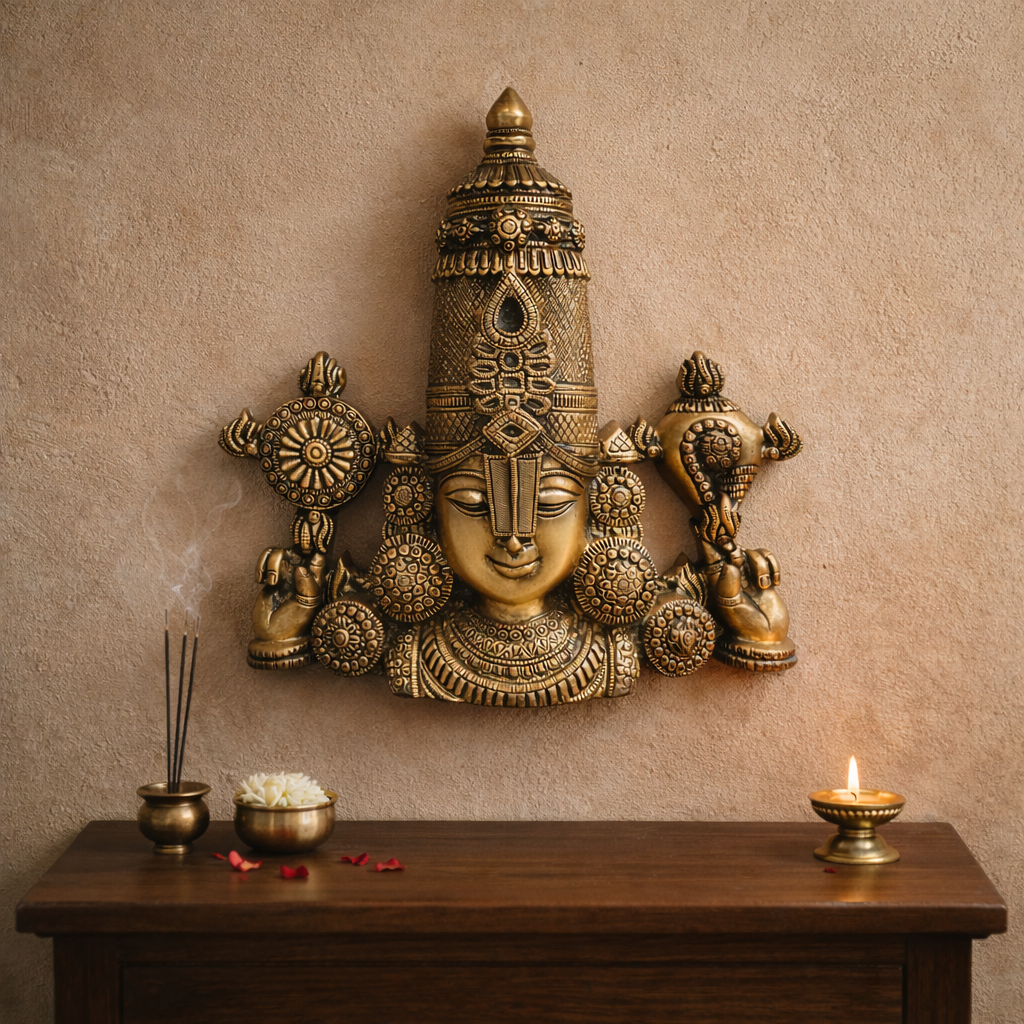 Tirupati Balaji Face with Shankh & Chakra Brass Wall Hanging