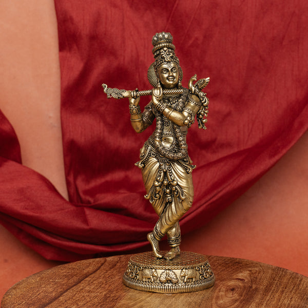 Superfine Brass Krishna Playing Flute on Podium