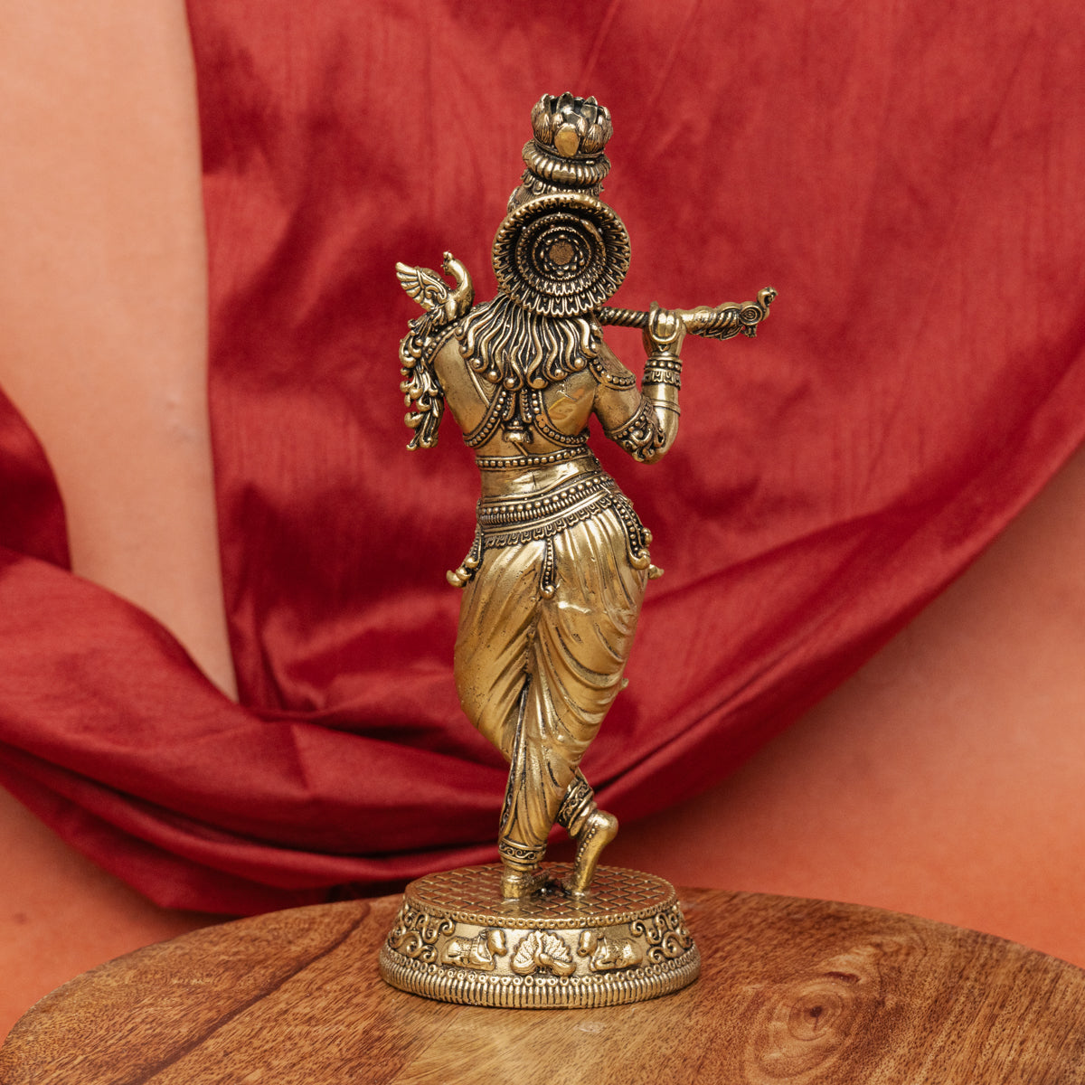 Superfine Brass Krishna Playing Flute on Podium