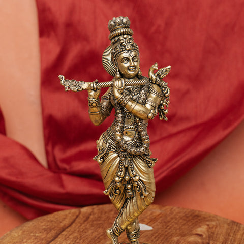 Superfine Brass Krishna Playing Flute on Podium