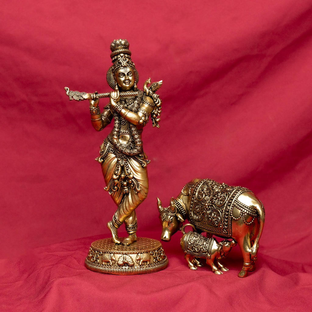 Superfine Krishna with Cow and Calf Statue in Brass for Puja & Décor
