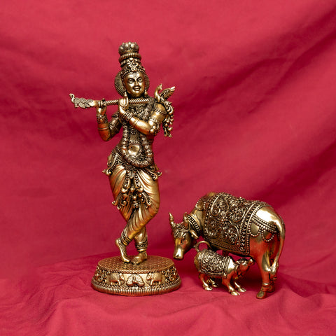 Superfine Krishna with Cow and Calf Statue in Brass for Puja & Décor