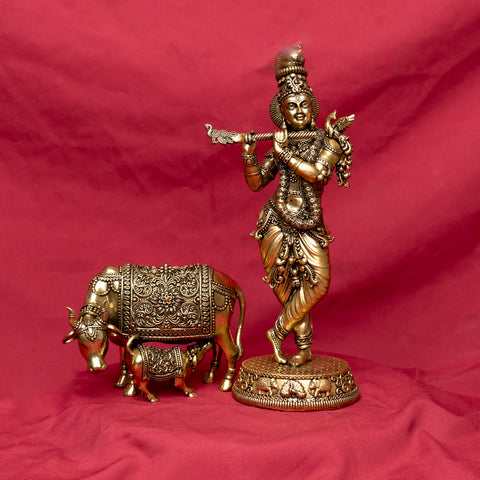 Superfine Krishna with Cow and Calf Statue in Brass for Puja & Décor
