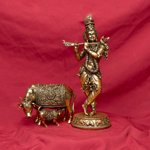 Superfine Krishna with Cow and Calf Statue in Brass for Puja & Décor