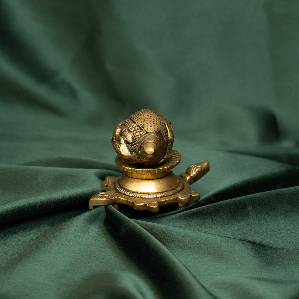 Brass Shankha On Tortoise Stand with Ganesha Detailing