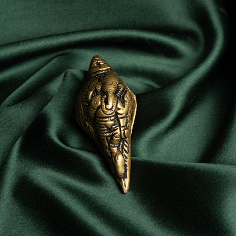Brass Shankha On Tortoise Stand with Ganesha Detailing