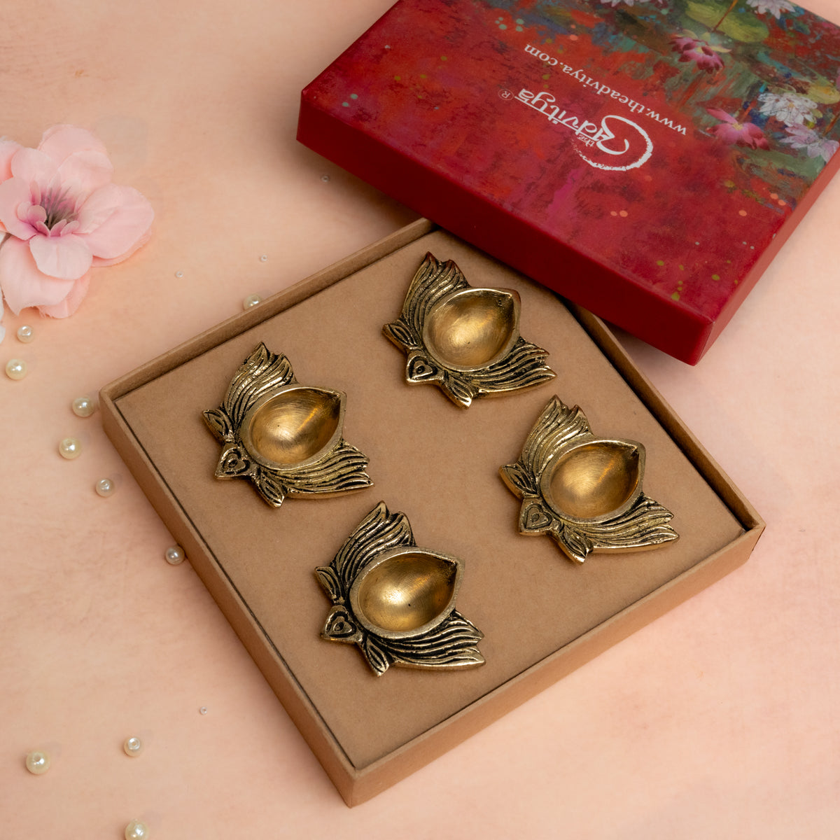 Brass Lotus Diya Set of 4 Hamper | 0.5 inch