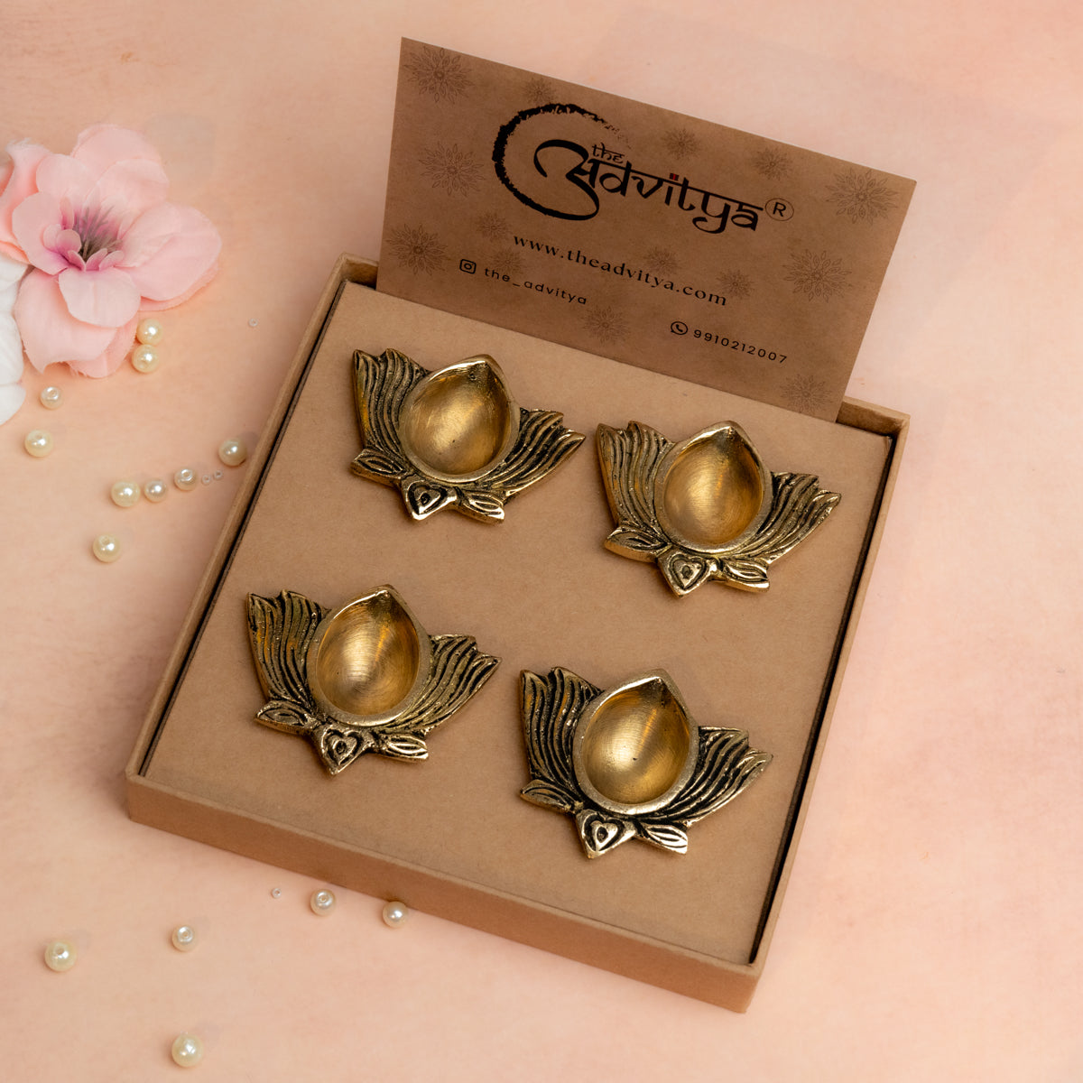 Brass Lotus Diya Set of 4 Hamper | 0.5 inch