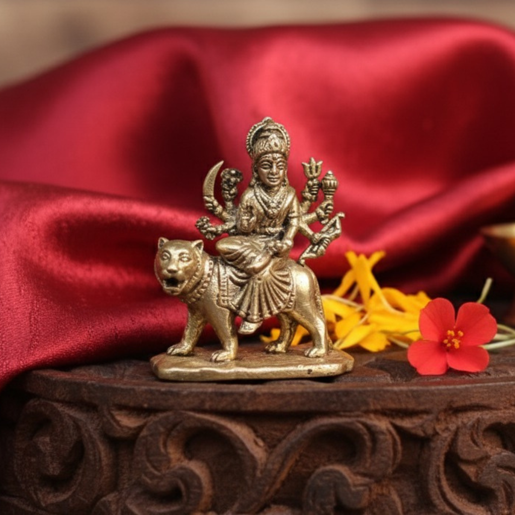 Durga Sitting on Lion Superfine Brass Miniature Statue  – 1.4 Inch