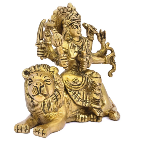 Nava Durgaa,Mahadevi,Katyayani,Mahadevi,Durga ma,Ambika,Chandi,Brass Goddess Durga Sitting On Lion