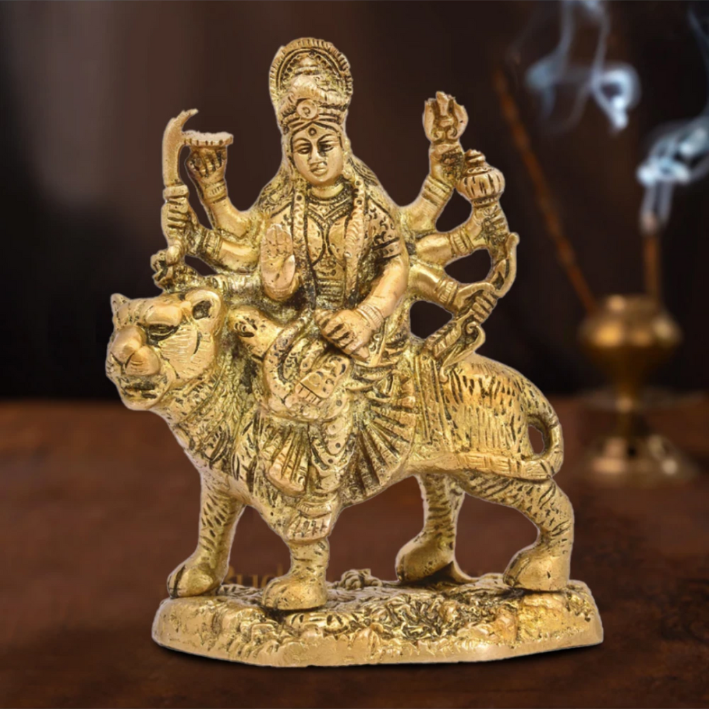 Nava Durgaa,Mahadevi,Katyayani,Mahadevi,Durga ma,Ambika,Chandi,Brass Goddess Durga Sitting On Lion 