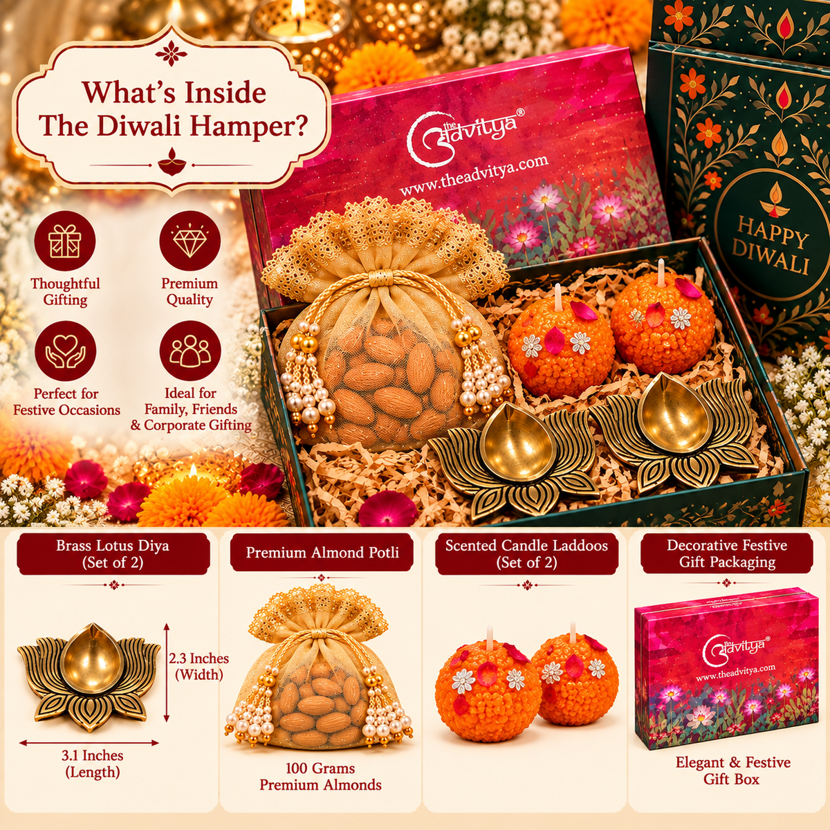 Premium Diwali Gift Hamper with Brass Lotus Diyas & Almonds | A Gift of Light, Prosperity & Celebration