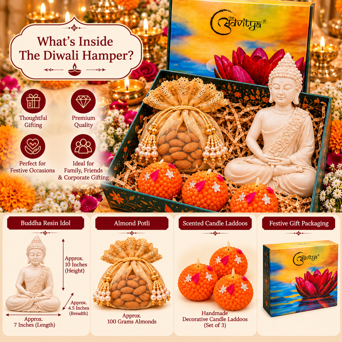 Diwali Gift Hamper Featuring Buddha Showpiece, Almond Potli & Candles