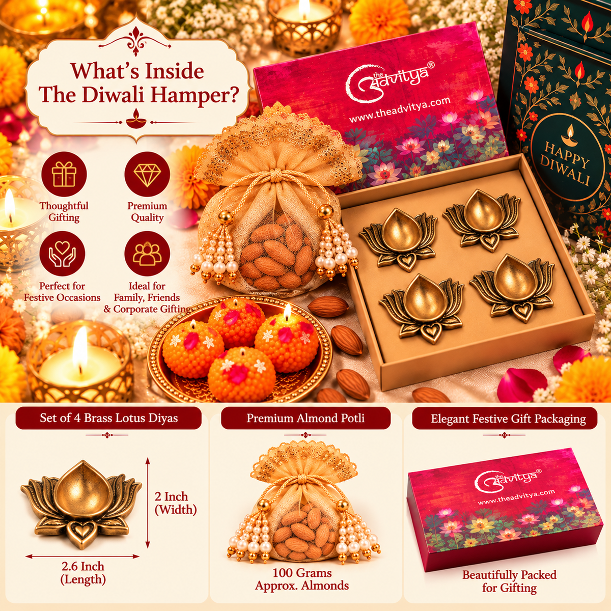 Diwali Gift Hamper with 4 Brass Lotus Diyas, Almond Potli & Handmade Candle Laddoos