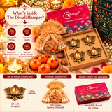 Diwali Gift Hamper with 4 Brass Lotus Diyas, Almond Potli & Handmade Candle Laddoos
