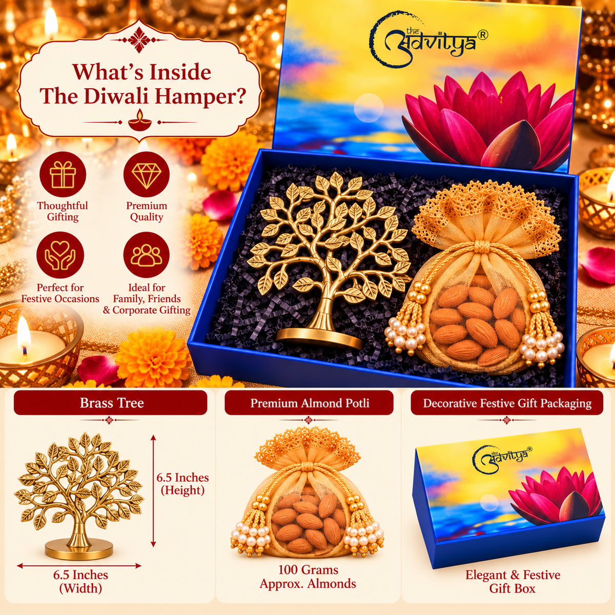Diwali Gift Hamper with Brass Tree of Life Decor, Almond Potli & Luxury Gift Box | Festive Corporate & Family Gift