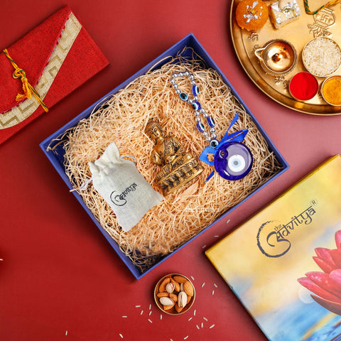 Diwali Hamper with Brass Buddha Statue, Assorted Evil Eye Wall Hanging, and Almonds (75 to 100g)