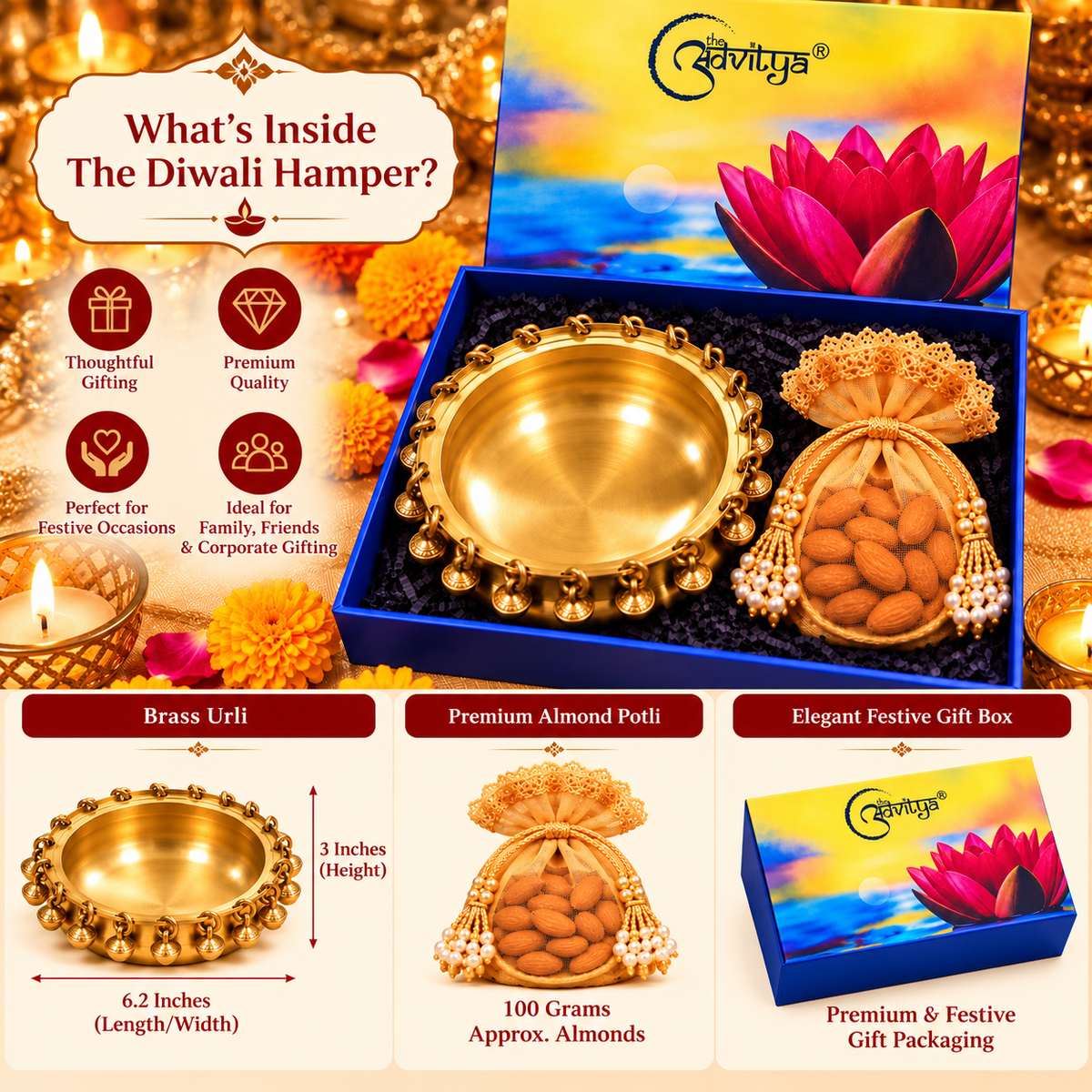 Diwali Gift Hamper with Brass Urli Bowl & Almond Potli | Luxury Festive Gift Box for Home Décor & Corporate Gifting