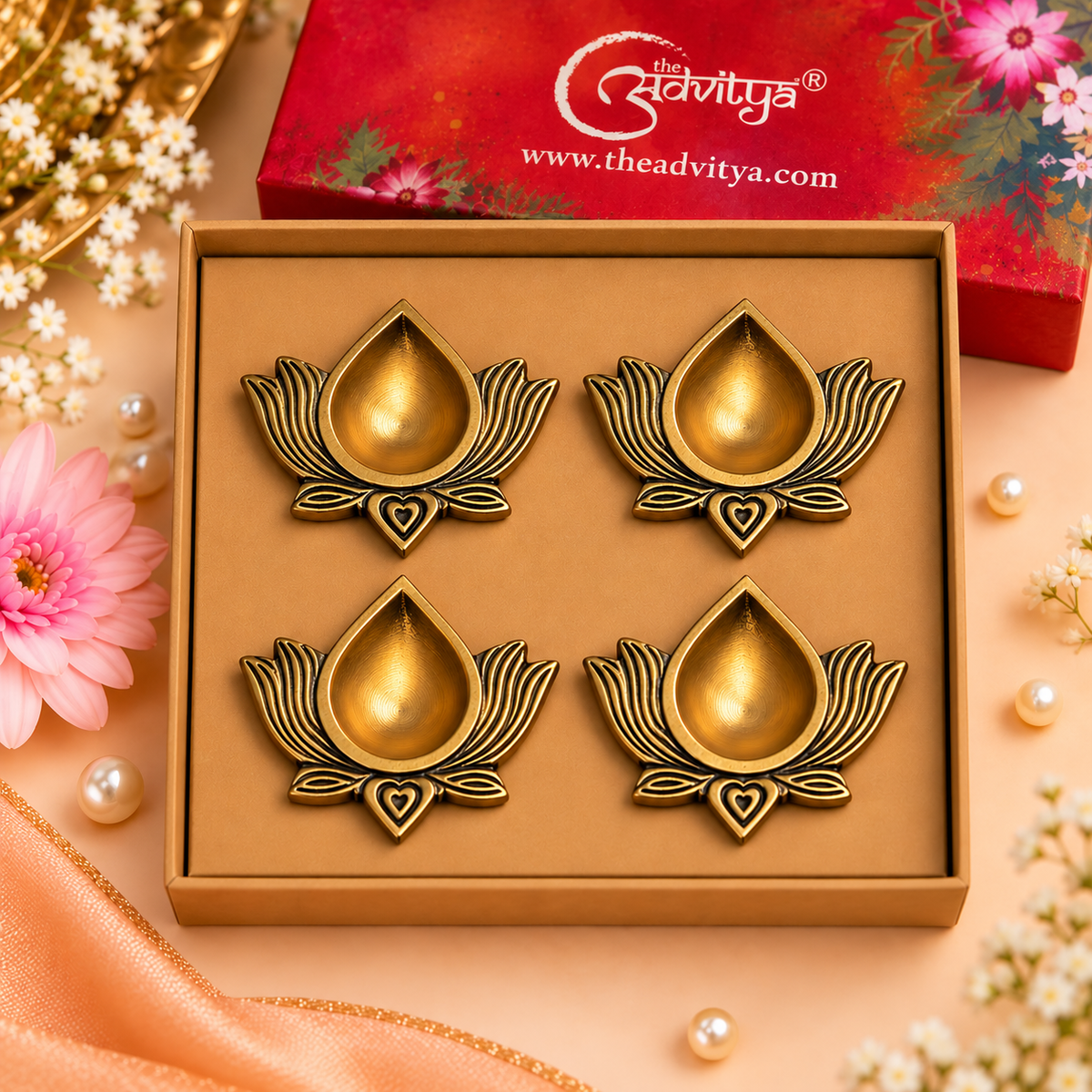 Brass Lotus Diya Set of 4 Hamper | 0.5 inch