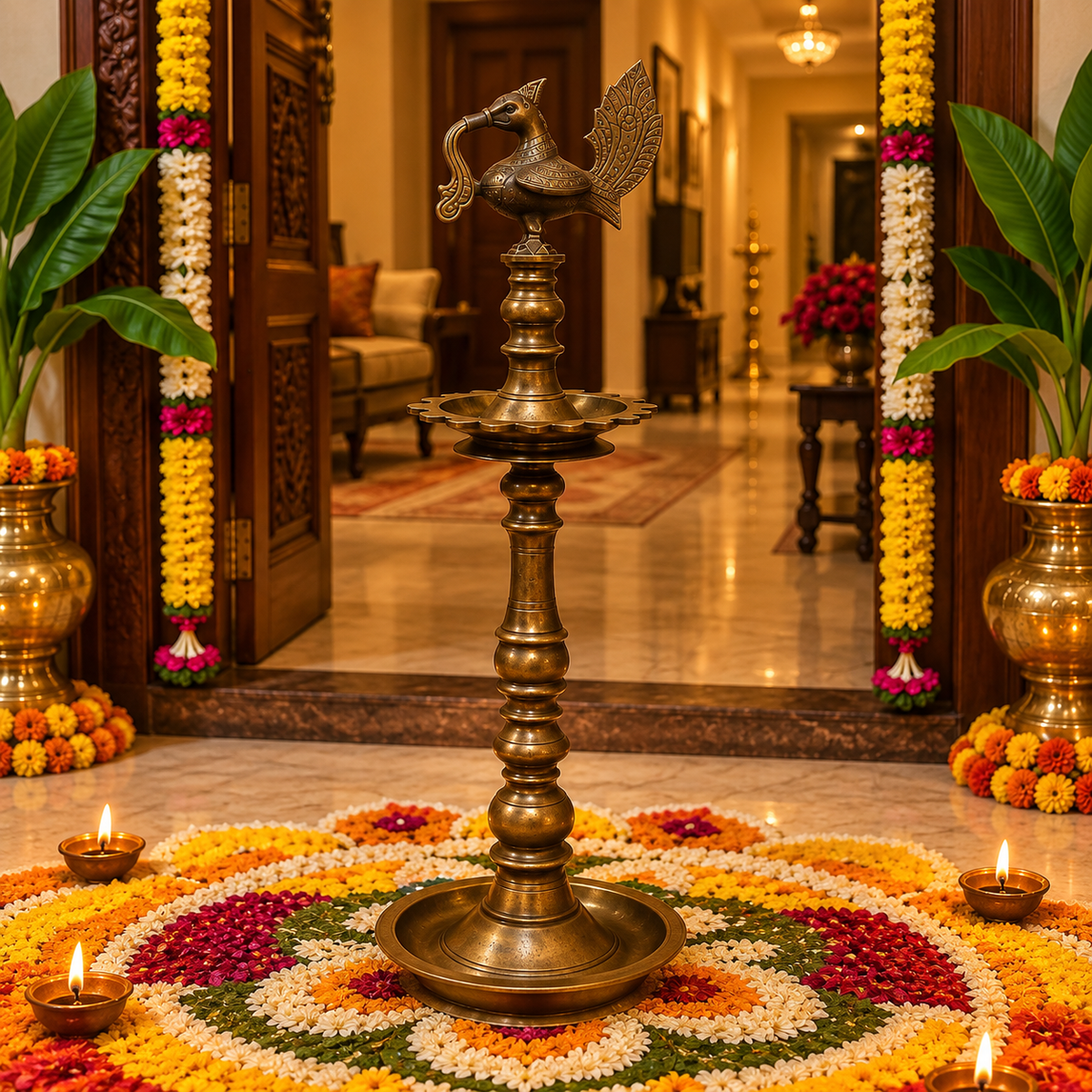 Vintage Old Kerala Brass Peacock Nilavilakku – Traditional Venu Oil Lamp