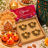 Diwali Gift Hamper with 4 Brass Lotus Diyas, Almond Potli & Handmade Candle Laddoos