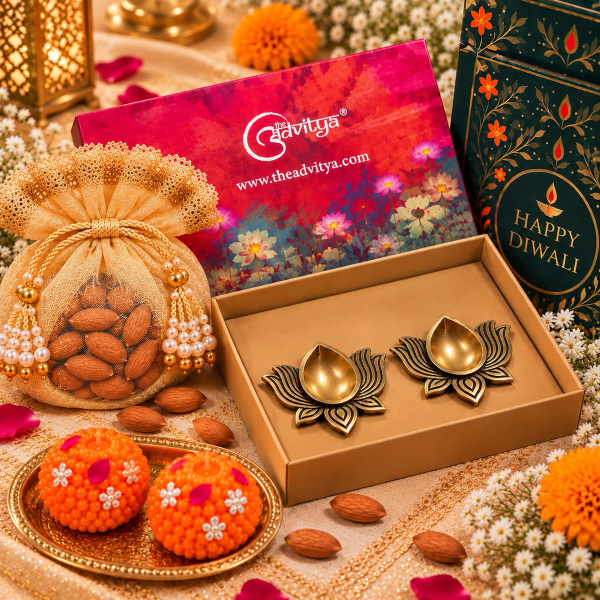 Premium Diwali Gift Hamper with Brass Lotus Diyas & Almonds | A Gift of Light, Prosperity & Celebration