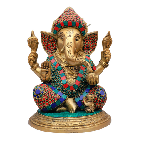 Brass Ganesha with Stone work (Inlay) in Aashirwad Mudra