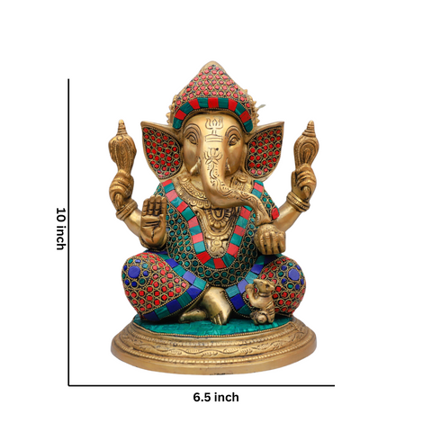 Brass Ganesha with Stone work (Inlay) in Aashirwad Mudra