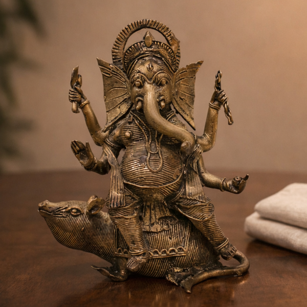 Ganesha Riding on Mushak (Tribal Art Statue) in Brass Idol for Home Décor, Vastu & Pooja |6.2 Inch