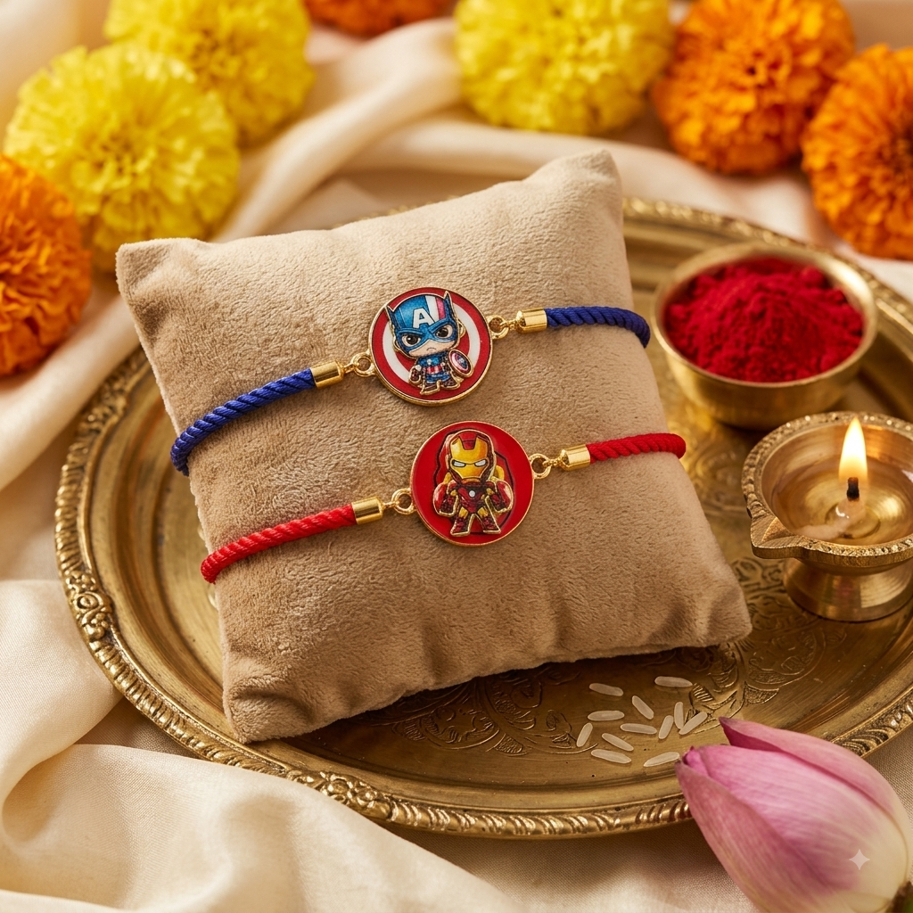 Captain America & Iron Man Kids Rakhi Set (Pack of 2) with Roli Chawal