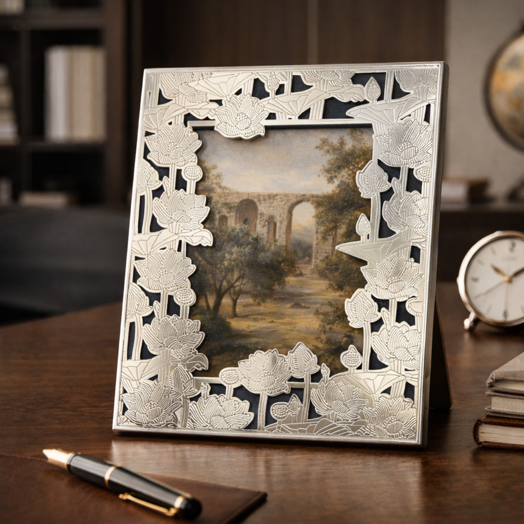 German Silver Lotus Carved Photo Frame for Elegant Table Decor | 9.5 inch