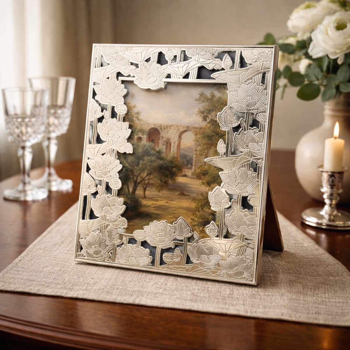 German Silver Lotus Carved Photo Frame for Elegant Table Decor | 9.5 inch