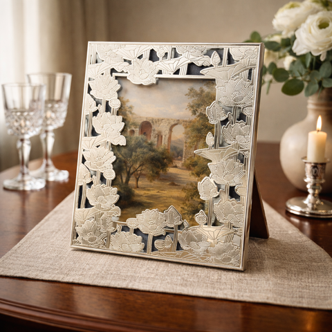 German Silver Lotus Carved Photo Frame for Elegant Table Decor | 9.5 inch