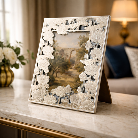 German Silver Lotus Carved Photo Frame for Elegant Table Decor | 9.5 inch