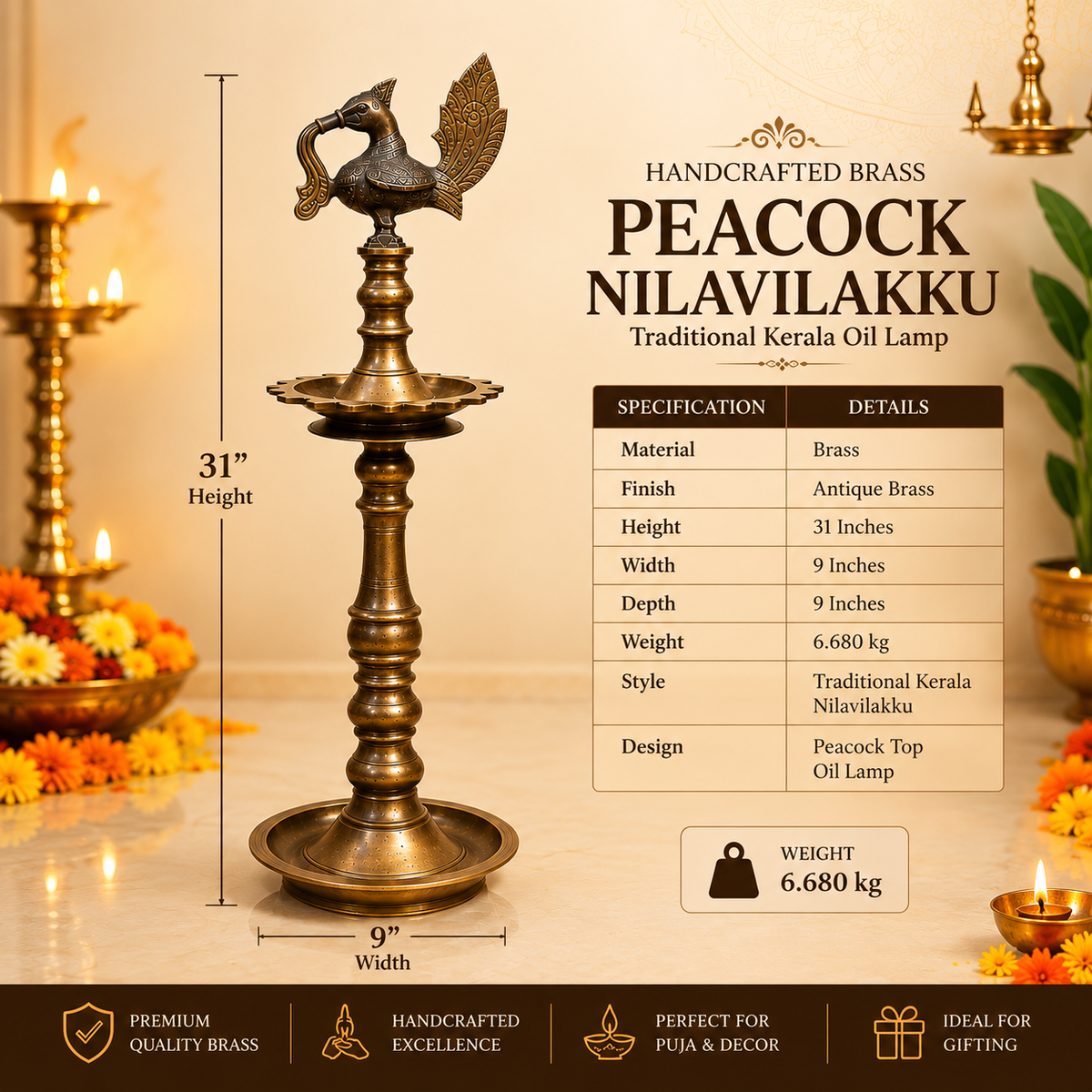 Vintage Old Kerala Brass Peacock Nilavilakku – Traditional Venu Oil Lamp
